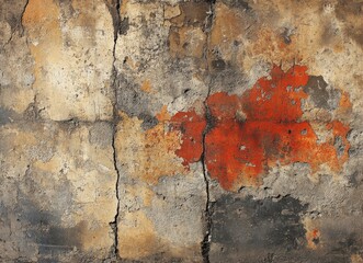 Obraz premium Detailed cracked wall texture with layers of peeling paint showcasing an abstract blend of earthy tones such as gray, brown, and vibrant orange for artistic backgrounds or designs