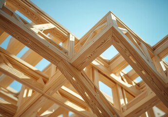 Obraz premium Detailed Perspective of Wooden Framework Under Clear Blue Sky Capturing the Elegance of Sustainable Construction Techniques and Modern Architectural Design Elements