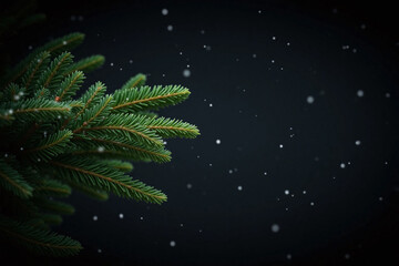 Dense evergreen branches with needles and snowflakes against dark background
