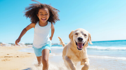 Carefree african american girl running with her golden retriever dog on the beach, kicking up splashes of water, having fun on a summer day
