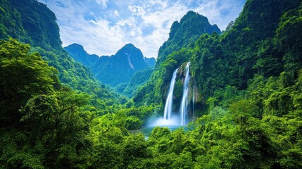 Lush Waterfall in Tropical Forest