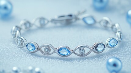 A diamond bracelet with oval gemstones resting on a pale gray textured background