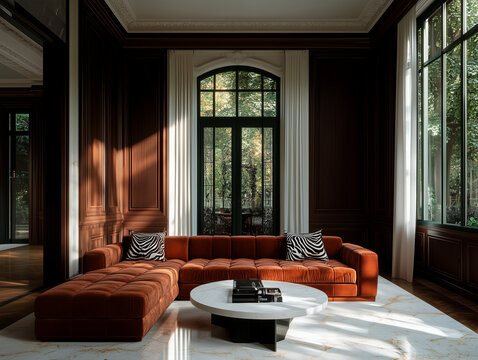 Int&eacute;rieur luxueux classique et &eacute;l&eacute;gant inspir&eacute; par l'art d&eacute;co et les mouvements modernes de milieu du si&egrave;cle : sofa brun, fen&ecirc;tre avec arches et table en pierre travertin