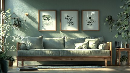 Sunlit living room with sage green sofa, plants, and botanical prints.