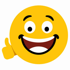 Big smile emoticon with thumbs up vector icon on white background.