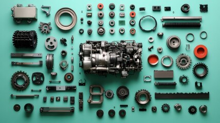 A disassembled engine with its parts arranged on a pastel green background