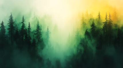 Obraz premium Misty Forest Silhouette Against a Bright Yellow Sky