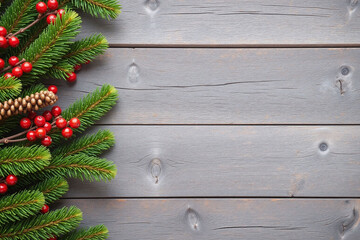 Fototapeta premium greenery red berries on weathered wooden background rustic scene