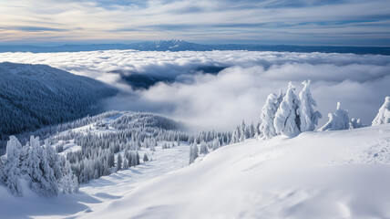 山頂から望む雲海と雪化粧の峰々、冬の壮麗な光景