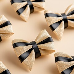 A collection of elegant, glittery gold bows with black stripes, beautifully arranged on a soft, neutral background.