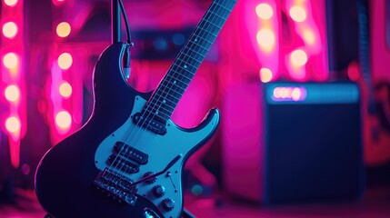 Obraz premium Electric Guitar on Stage, Pink and Blue Lights, Concert Ready
