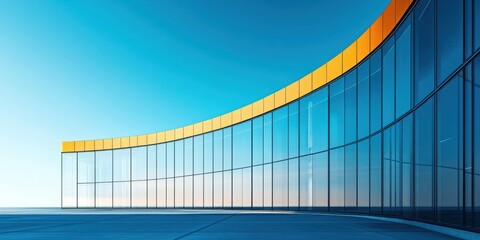 Obraz premium Modern Architectural Design Featuring Curved Glass Facade and Vibrant Orange Accents Against a Clear Blue Sky in an Urban Setting