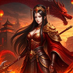 3D chinese worrior girl character in a dress with a sword