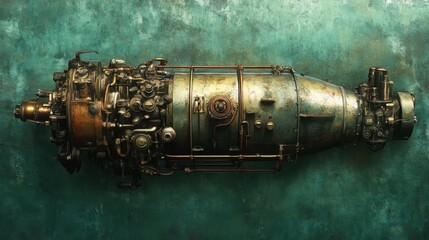 Fototapeta premium A heavy-duty marine engine resting on a textured sea green background