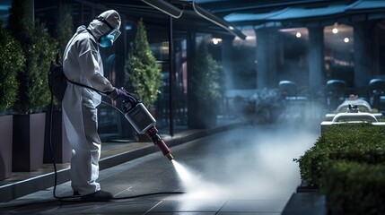 Healthcare Worker in Protective Uniform and Equipment Disinfecting and Decontaminating a Public Space to Prevent the Spread of the HMPV Virus During a Pandemic or Disease Outbreak