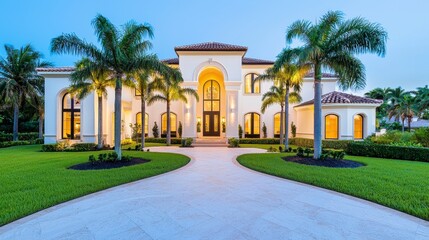 Obraz premium A stunning luxury home with elegant architecture, lush landscaping, and palm trees, illuminated at twilight, showcasing a welcoming entrance path.