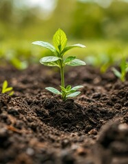 young plants,  against the brown soil.
