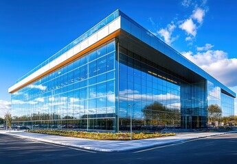 Fototapeta premium Modern Glass Facade Office Building Reflecting Clear Sky and Trees in Urban Setting, Showcasing Innovative Architecture and Sustainable Design Principles