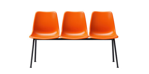 Three orange plastic row chairs isolated on white background.