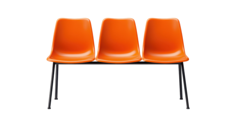 Three orange plastic row chairs isolated on white background.