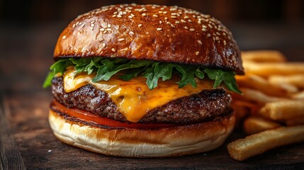 Mouthwatering juicy beef tenderloin burger topped with melted cheese and fresh lettuce nestled in a fluffy brioche bun served with a side of crispy golden French fries on a rustic table