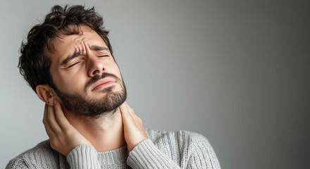 Obraz premium A young man with a beard shows signs of pain by grasping his neck with both hands. His expression reflects discomfort, and he appears to be in a calm indoor environment.