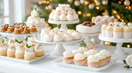 Elegant wedding dessert table with pastries, cakes, and cupcakes; bokeh lights background; ideal for wedding blogs or event planning sites