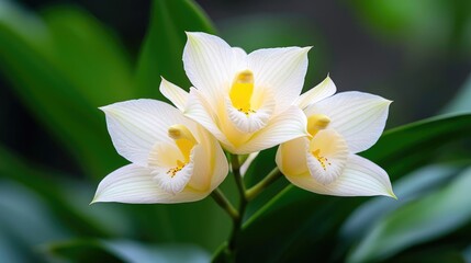 Fototapeta premium Cream orchids bloom close-up, garden background, nature photography, website banners