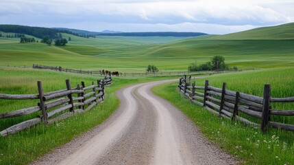 Fototapeta premium A rural dirt road lined with wooden fences and grazing cows in the adjacent fields