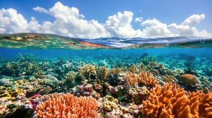 Obraz premium Tropical coral reef underwater scene, vibrant colors, sunny sky. Ideal for travel brochures