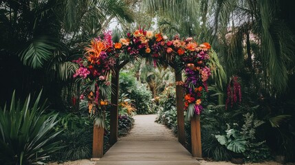 A rustic wooden archway decorated with vibrant floral arrangements in a garden setting