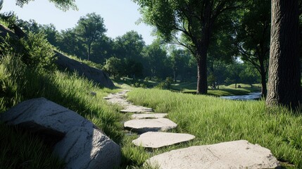 Stone path through a summer forest