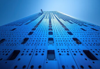 Striking Perspective of a Modern Architectural Facade Against a Clear Blue Sky, Showcasing Unique Design Elements and Vertical Lines in Urban Environment