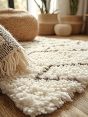 Cozy living space with textured rugs.