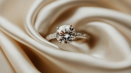 A sparkling engagement ring on a white satin fabric backdrop with soft folds