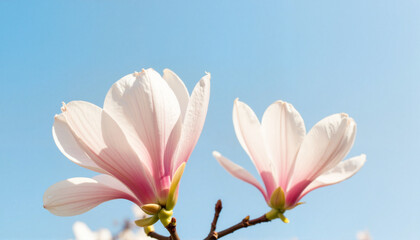 Fototapeta premium Elegant magnolia blossoms blooming against clear blue sky, nature's beauty