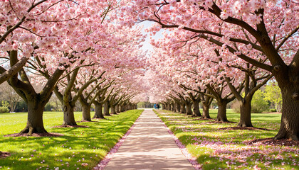 Obraz premium Scenic cherry blossom path lined with petals and sunlight, nature's beauty