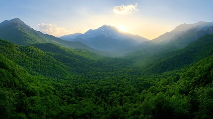 Obraz premium Serene mountain landscape at sunrise, lush green valley surrounded by majestic peaks