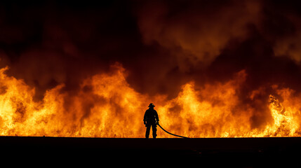 Obraz premium A firefighter stands defiantly in front of a massive blaze under the night sky, using a hose to control the intense fire that illuminates the surroundings.
