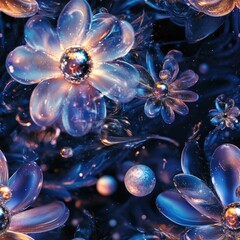 Celestial 3D flowers with glowing petals and tiny planets orbiting their centers . Seamless abstract 3d pattern background