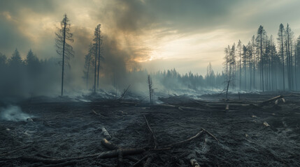 Obraz premium The clearing features blackened trees and smoldering logs under a cloudy sky, revealing the devastating impact of a recent forest fire during twilight.