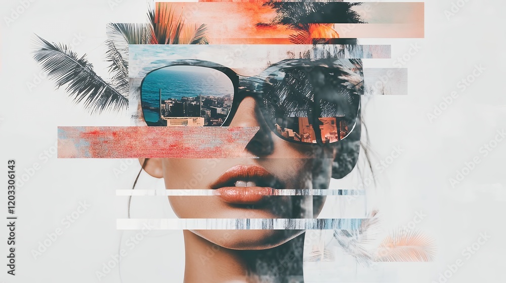 Wall mural Stylish Glitch Art Collage Woman Sunglasses Tropical Beach Sunset