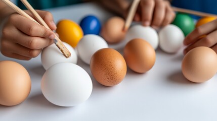 Close-up of pastel-colored eggs in a child's hands on a blue background.