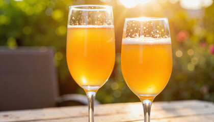 Sparkling mimosas glowing in sunlight on patio, summer celebration