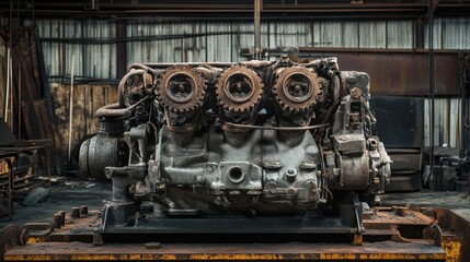 Fototapeta premium A vintage diesel engine block showcased on a rusted steel background for an industrial feel