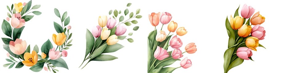 Tulip collection. Floral arrangements featuring colorful tulips and greenery on a white background.