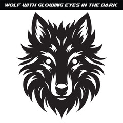 Black and White Wolf Head Drawing with Glowing Eyes on Dark Background
