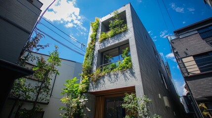 Modern building with lush greenery on facade.