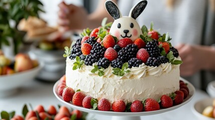 Obraz premium Creative Easter fruit platter styled as a bunny with vibrant fruits.