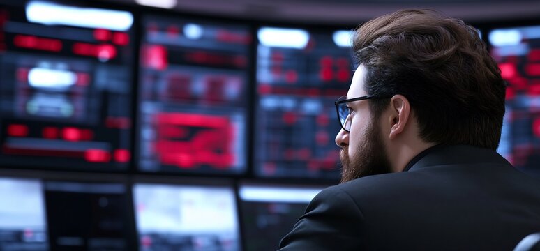 Man monitors data center screens.  Background displays red data streams. Stock photo